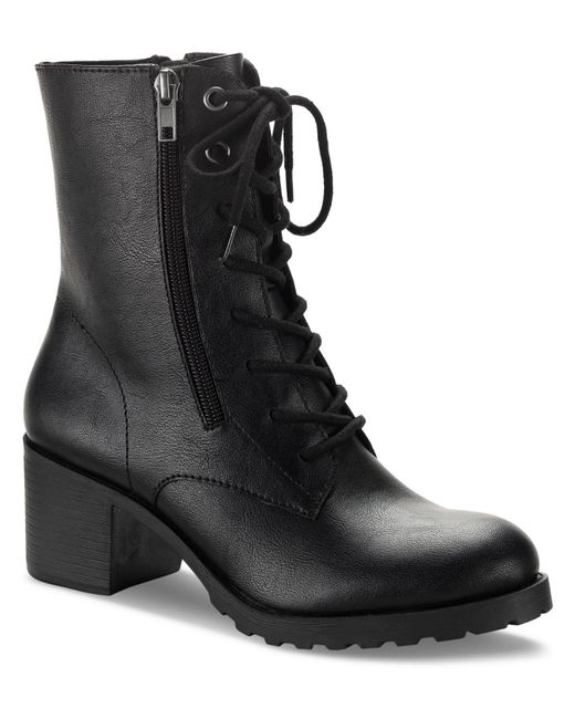 Sun & Stone Black Sheilaa Faux Leather Block Heel Combat & Lace-up Boots