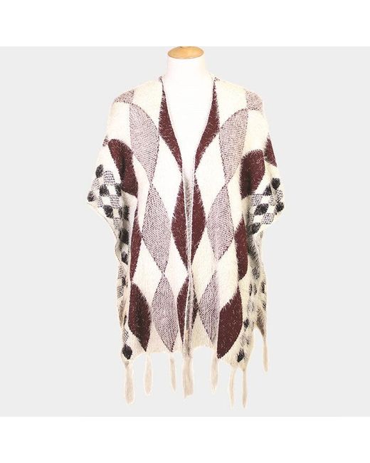 TRUEDAMES Pink Diamond Pattern Tassel Poncho