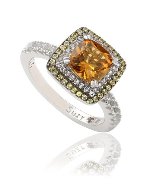 Suzy Levian Metallic Sterling Amethyst Cushion Cut And Sapphire Accent Ring