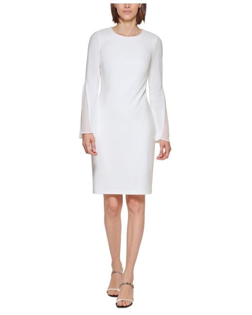 Calvin Klein White Dress Chiffon Bell Sleeve Round Neck Sheath Jdm1812