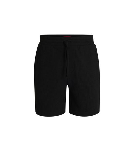 HUGO Black Waffle-Structured Pajama Shorts With Embroidered Logo for men