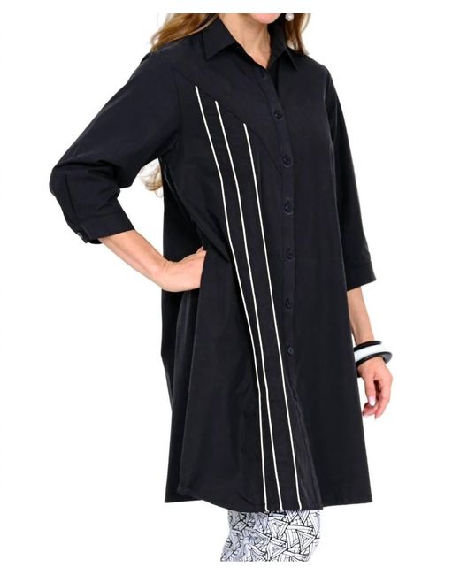Elior Black Solid Button Front Mini Tunic Dress With Piping