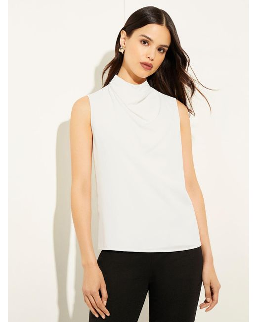 Misook White Sleeveless High Neck Draped Crepe De Chine Blouse
