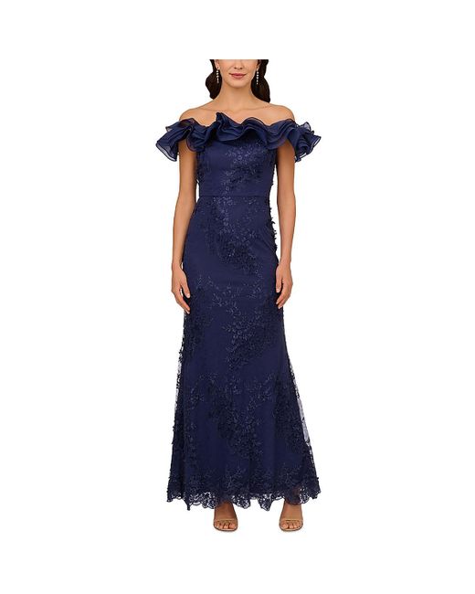 Adrianna Papell Women's Metallic Embroidered Evening Dress Blue Size 12
