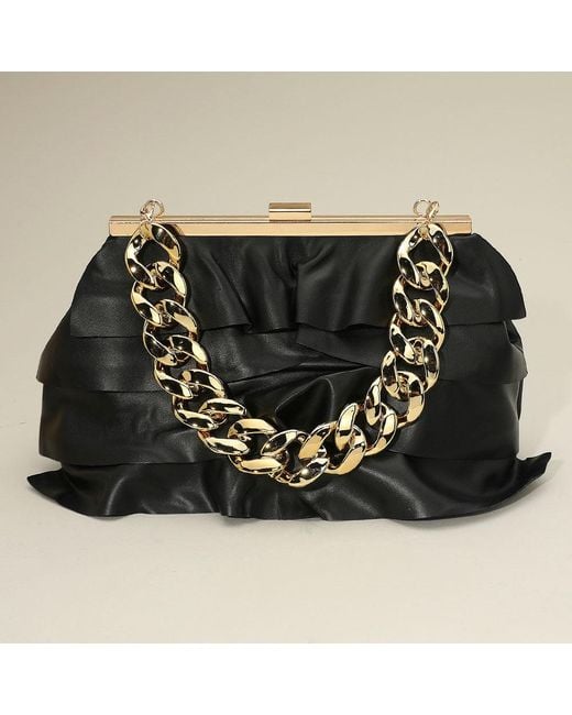 Fashnzfab Black Faux Leather Layered Ruffle Chunky Chain Strap Handle Evening Clutch Bag Crossbody Bag