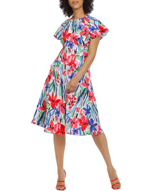 Maggy London Red Floral Print Cotton Midi Dress