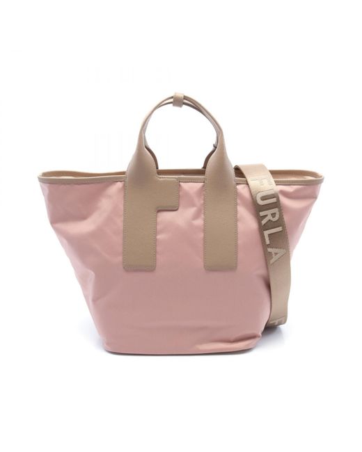 Furla Pink Piuma L Nylon Leather Tote Bag
