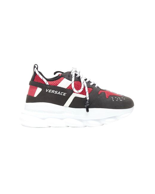 Versace New Chain Reaction Black Suede Fuschia Red Low Chunky Sneaker Eu37 Us7