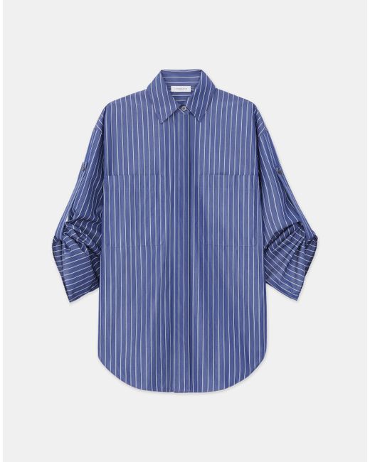 Lafayette 148 New York Blue Pencil Stripe Tab Sleeve Shirt