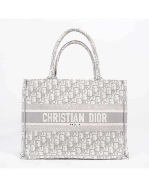 Dior White Small Book / Silver Oblique Embroidery Canvas