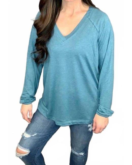 Shirley Stone Blue Solid V-Neck Top