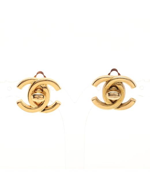 Chanel Metallic Coco Mark Turn Lock Earrings Gp Gold 96p