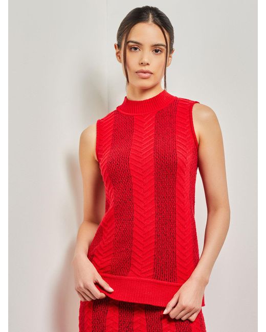 Misook Red Textural Stripe Mock Neck Cable Knit Tank