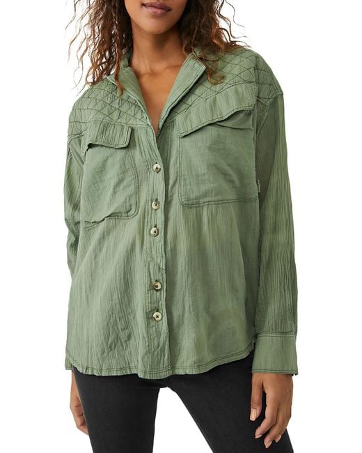 Free People Green Silver Lining Cotton Collared Button-down Top