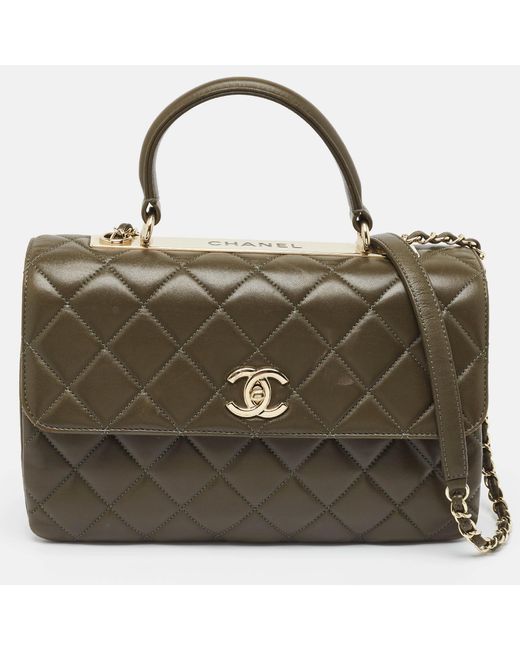 Chanel Green Dark Olive Quilted Leather Medium Trendy Cc Top Handle Bag