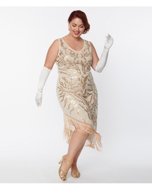 Unique Vintage White Plus Size 1920s Beige Beaded Asymmetrical Fringe Flapper Dress