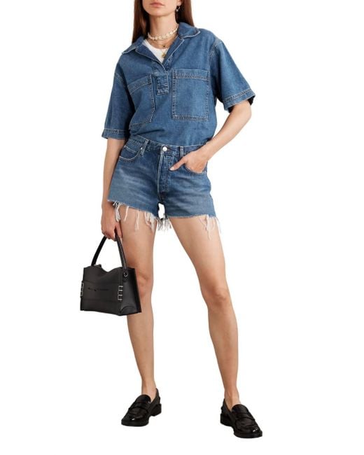 FRAME Blue The Hang Distressed Denim Shorts