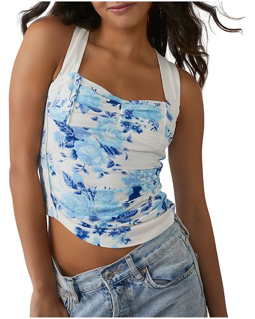 Free People Blue Floral Print Ruched Pullover Top