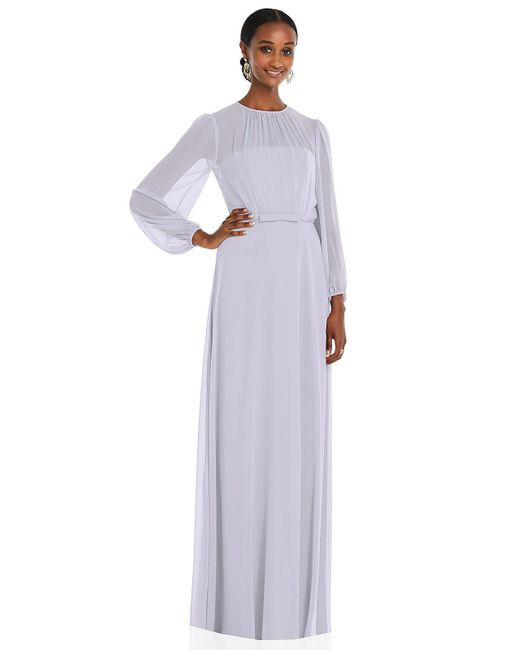 Dessy Collection White Strapless Chiffon Maxi Dress With Puff Sleeve Blouson Overlay
