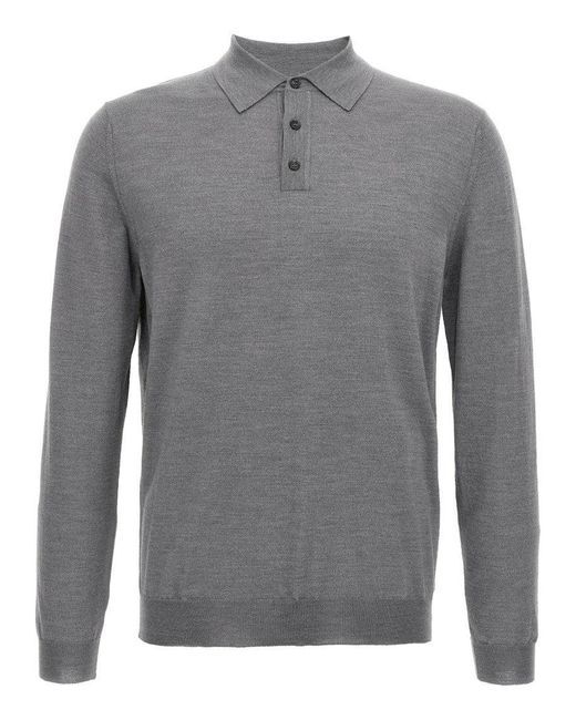 Zanone Gray Virgin Wool Polo Shirt With Button Placket And Cuffed Sleeves for men