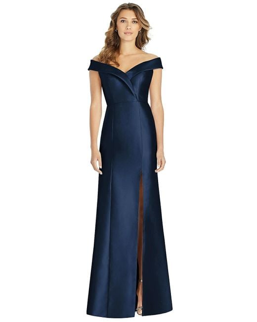 Alfred Sung Blue Off-the-shoulder Cuff Trumpet Gown With Front Slit