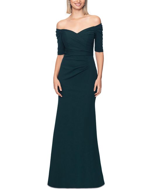 Betsy & Adam Blue Off-the-shoulder Gathered Evening Dress