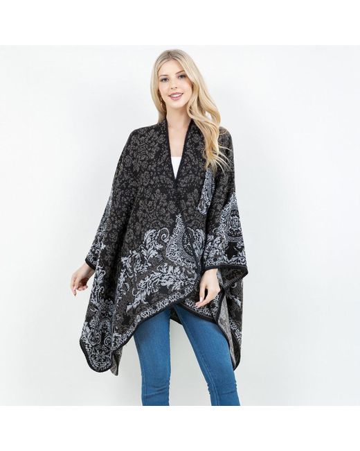 TRUEDAMES Black Open Front Baroque Floral Border Print Shawl Wrap Poncho With Loop