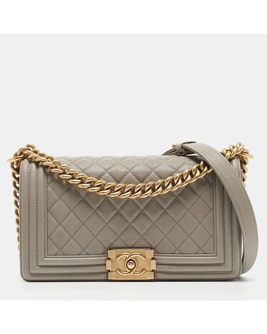 Chanel Gray Quilted Caviar Leather Medium Boy Flap Bag