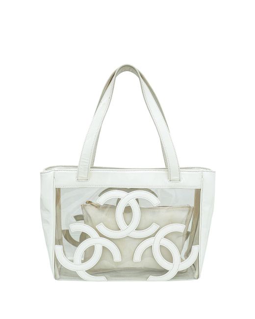 Chanel White Cc Vinyl Logo Beach Tote Bag