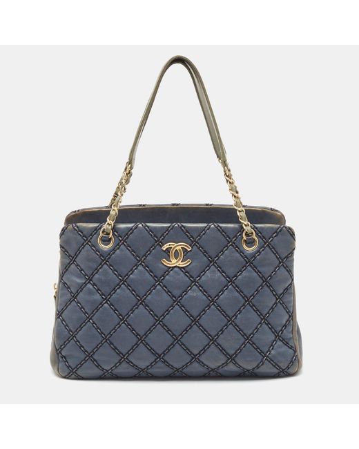 Chanel Blue Quilted Wild Stitched Leather Chain Tote