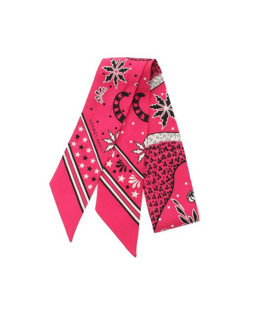 Hermès Pink Twilly Les Leopards Ribbon Scarf Silk