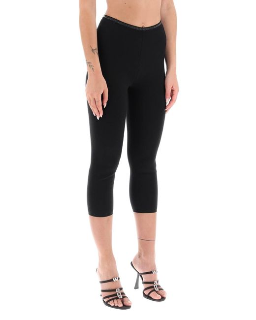 Alexander Wang Black Cropped Leggings With Crystal-studded Logoed Band