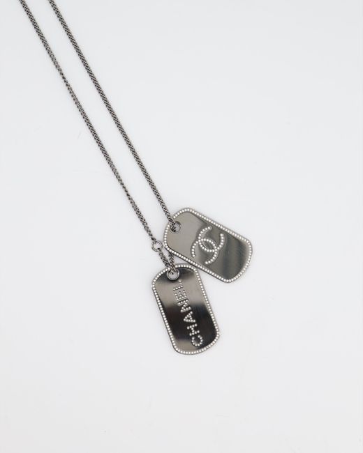 Chanel White 2020 Gunmetal Long Necklace With Army Dog Tag With Crystals