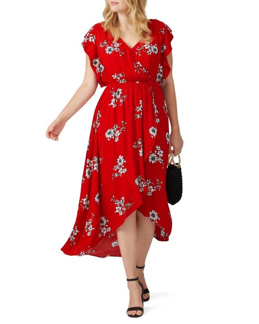 City Chic Red Floral Printed Wrap Midi