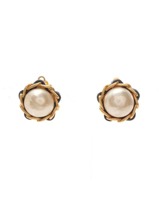 Chanel Metallic Earrings Gp Fake Pearl Leather Gold Ivory 93a