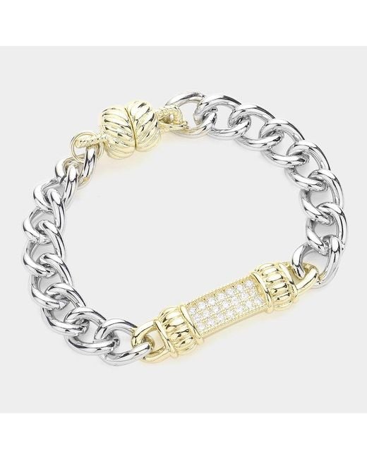 Fashnzfab Metallic Two Tone 14K Plated Cz Stone Paved Bar Pointed Chain Magnetic Bracelet Two Tone