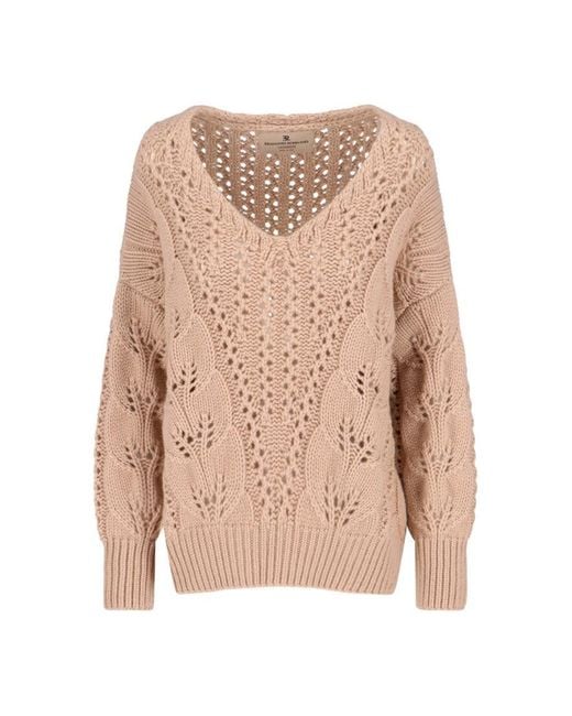 Ermanno Scervino Natural Cashmere Sweater With Openwork Floral Design And V-Neckline