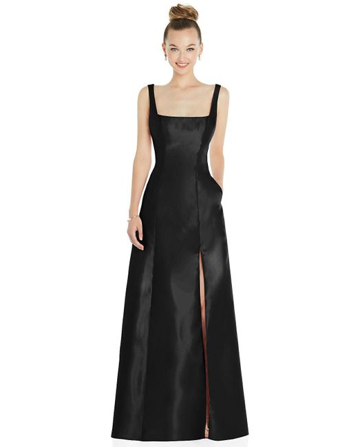 Alfred Sung Black Sleeveless Square-neck Princess Line Gown With Pockets