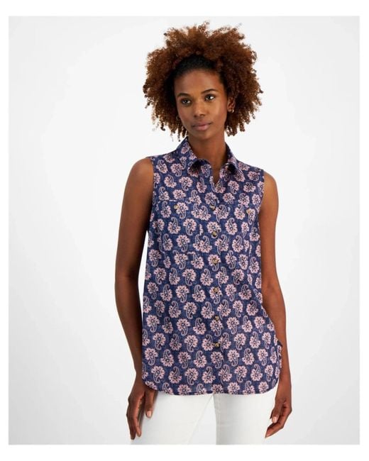 Nautica Blue Top Paisley Print Button Front Sleeveless Fts1104