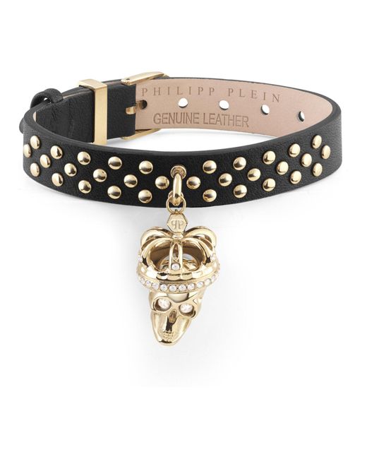Philipp Plein White $kull Crown Crystal Calf Leather Bracelet