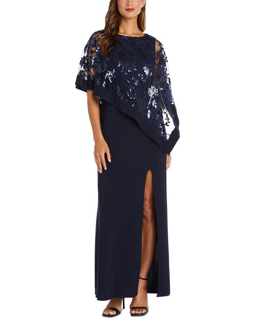 R & M Richards Blue Sequined Long Evening Dress