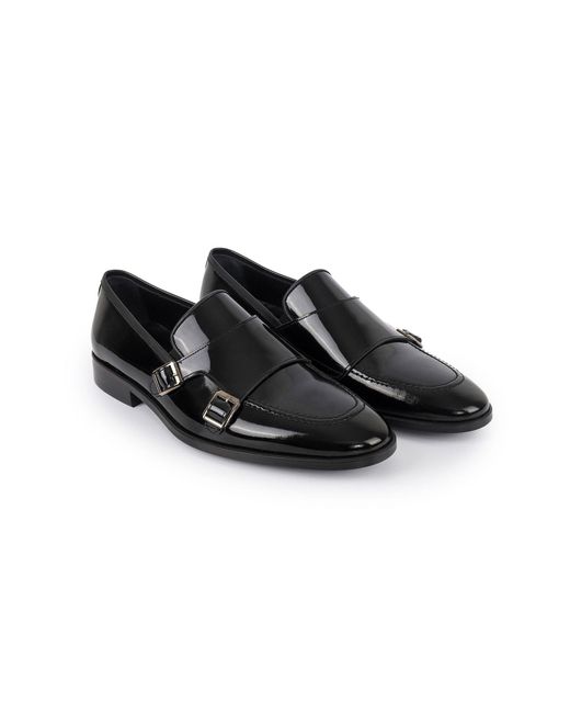 VELLAPAIS Black Hardin Patent Leather Double Monk Loafers for men
