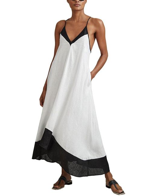 Reiss White Stevie Linen Colorblock Resort Midi Dress