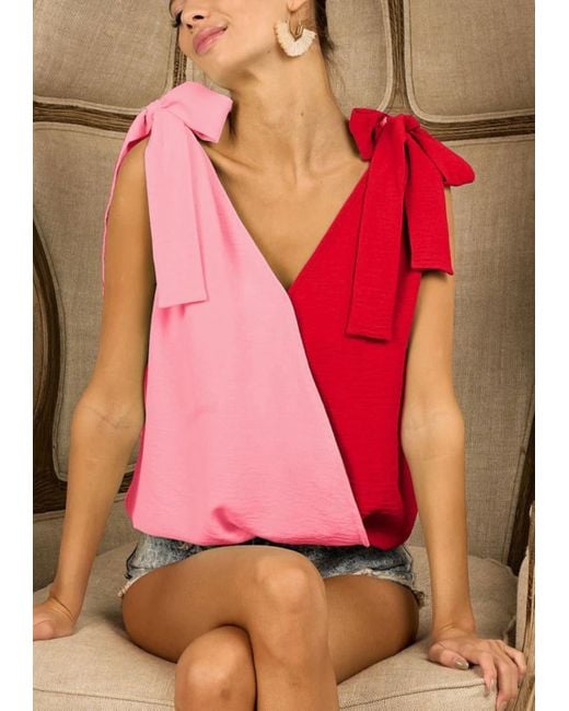 Bibi Pink Color Block Ribbon V-Neck Tank