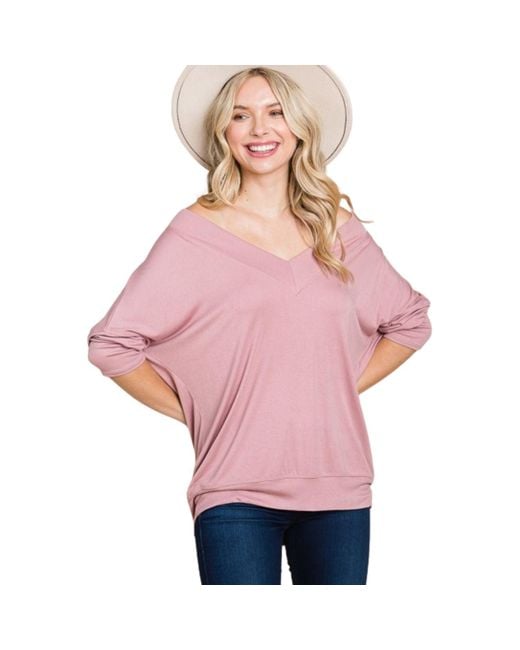 TRUEDAMES Pink Solid Rib Modal Casual 3/4 Sleeves Dolman Sleeves Top
