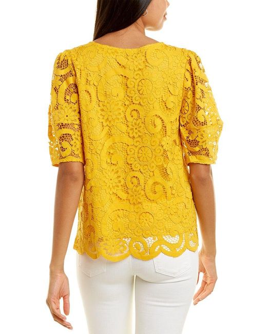 Nanette Nanette Lepore Womens High Neck Embroidered Lace Cap Sleeve Top with Faggoting Trim