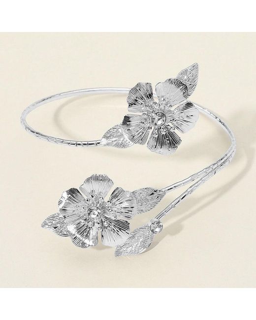 Fashnzfab White Textured Metal Flower Tip Wrap Wire Arm Cuff Bracelet Rhodium