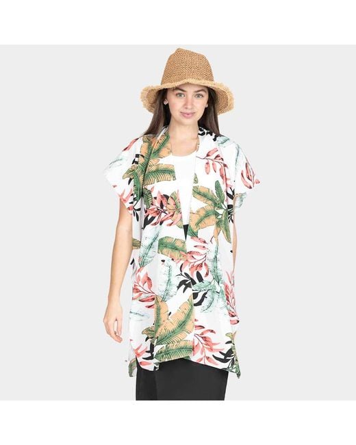 TRUEDAMES Green Tropical Leaf Patterned Lace Cover Up Kimono Poncho