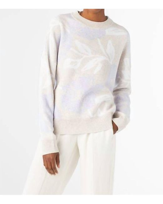 Kinross Cashmere White Floral Crew Sweater