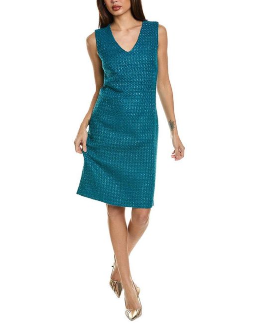 St. John Blue Boucle Window Pane Wool-blend Sheath Dress